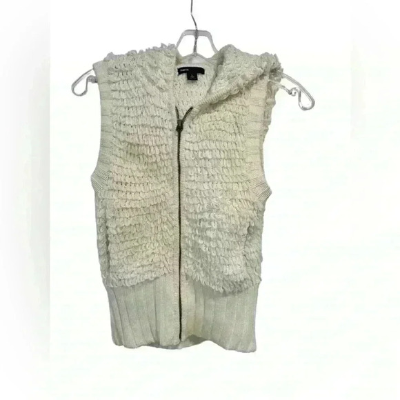 GAP Kids Cream Looped Yarn Fringed Sleeveless Vest Ribbed Trim Hood Zip L - Picture 1 of 5